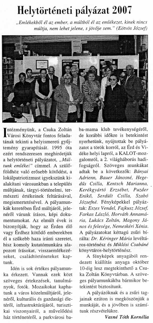 Cikk: Helytörténeti pályázat 2007